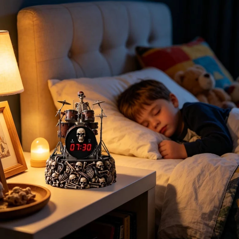 Dimmable Skull Alarm Clock with Drum Beat Speaker, Skeleton Bedside Table Ornament, Halloween Gothic Home Decor Gift