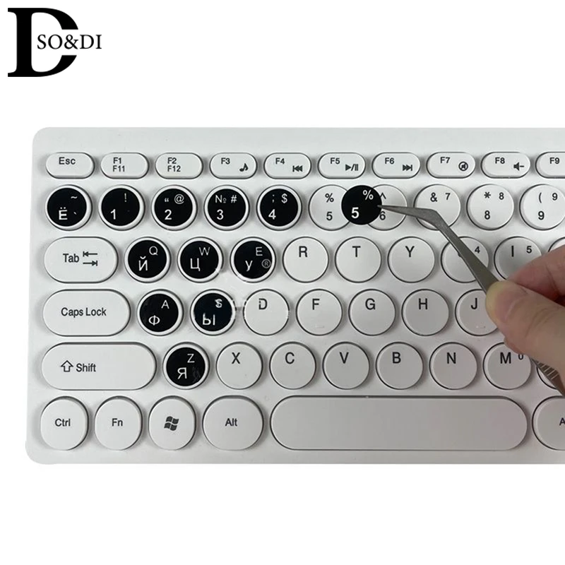 Pegatina para teclado, película protectora para idioma, diseño de letras, botón, PC, portátil, círculo redondo liso ruso, blanco y negro