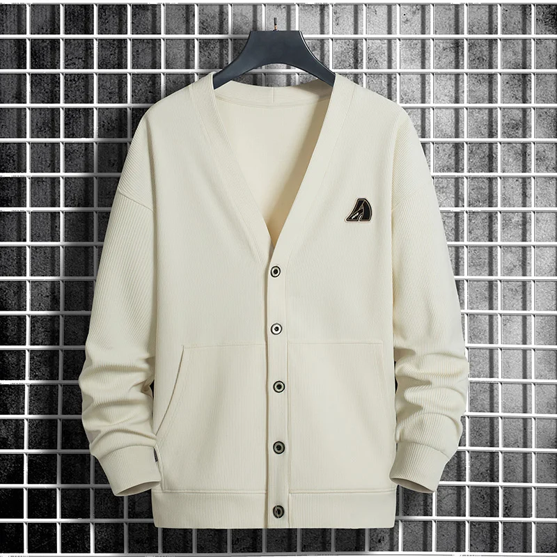 رجل فاخر حجم كبير طويلة الأكمام تريكو الخامس الرقبة غير تشوه مطبوعة نمط الكورية نمط سترة معطف موضة ملابس رجالي #5