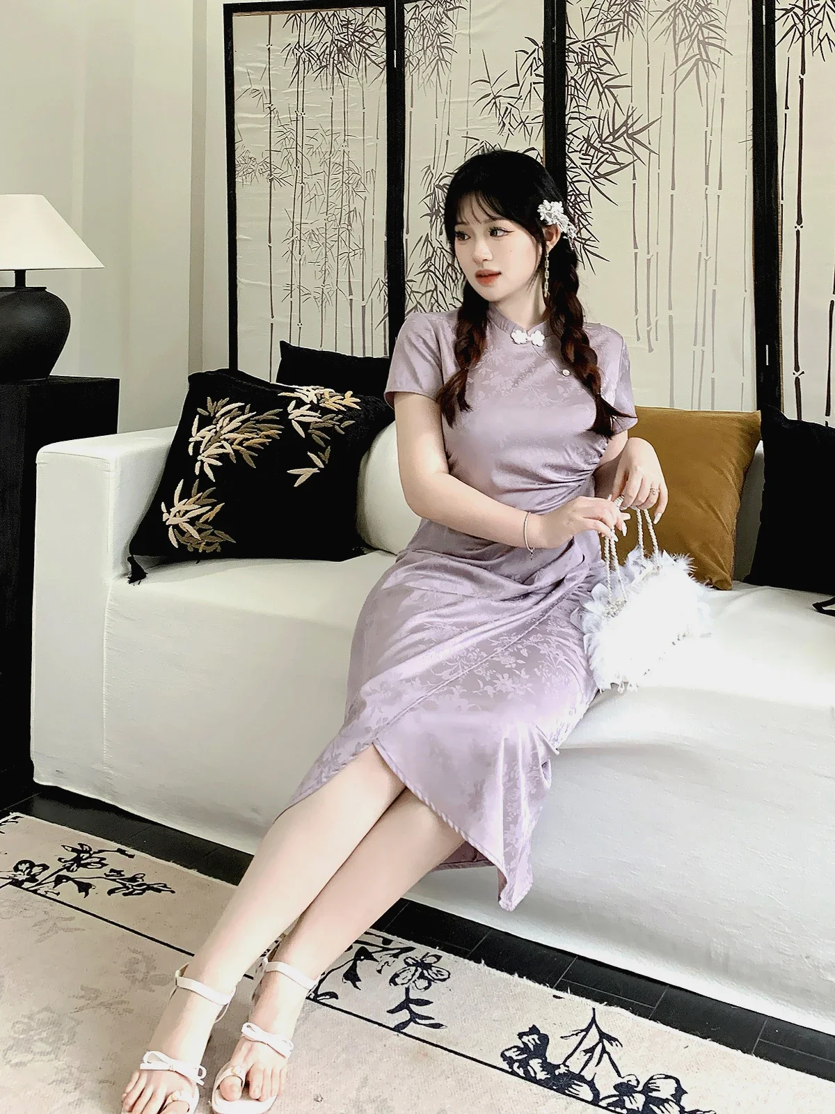 Robe Cheongsam chinoise longue pour femme, grande taille, amélioration moderne, violet, jacquard, style traditionnel chinois, été