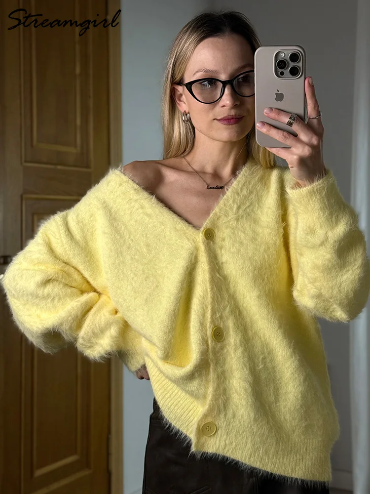 Imitation Mink Cardigan For Women Autumn Thick Knitted Jackets Yellow Oversize Cardigans Ladies Black Women Knitted Coat Velvet