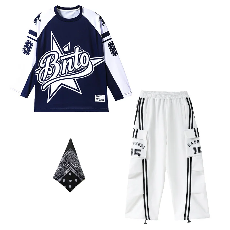 Kind Street Dance Kostüm Hip Hop Mädchen Kostüm Oversize Tops Langarm Weiß Lose Hosen Kinder Jazz Dance Streetwear Sets