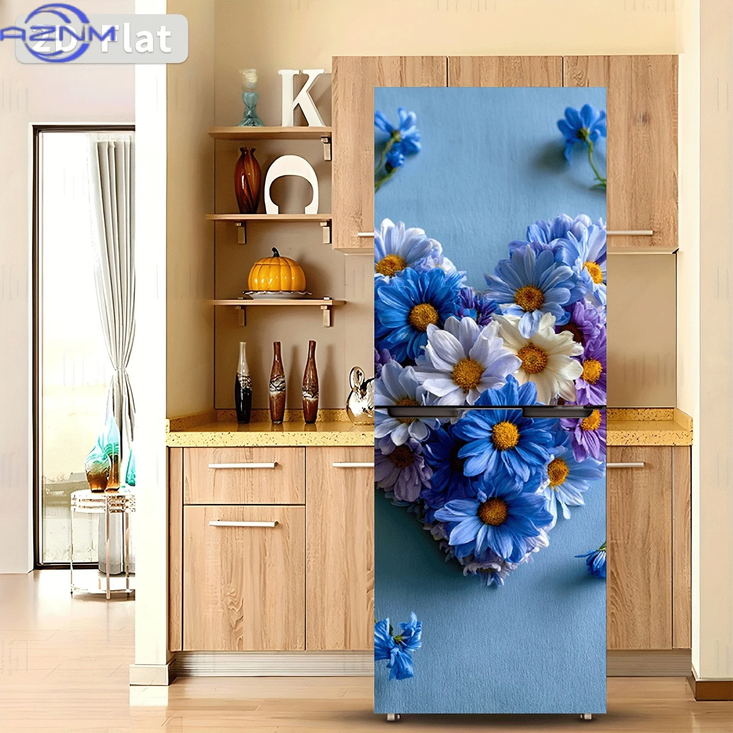 2D Flat Printing 1pc Refrigerator Sticker  Blue Flowers Forming a Heart Themed Design Wall Decal Self-Adhesive Wallpaper Suita
