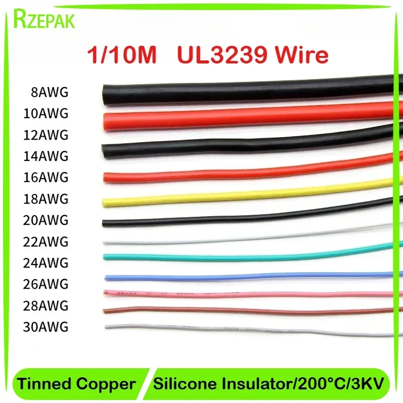 1/10M 14/16/18/20/22/24/26/28/30AWG UL3239 3KV Silicone Wire Insulated Tinned Copper  Electrical Cable 3000V