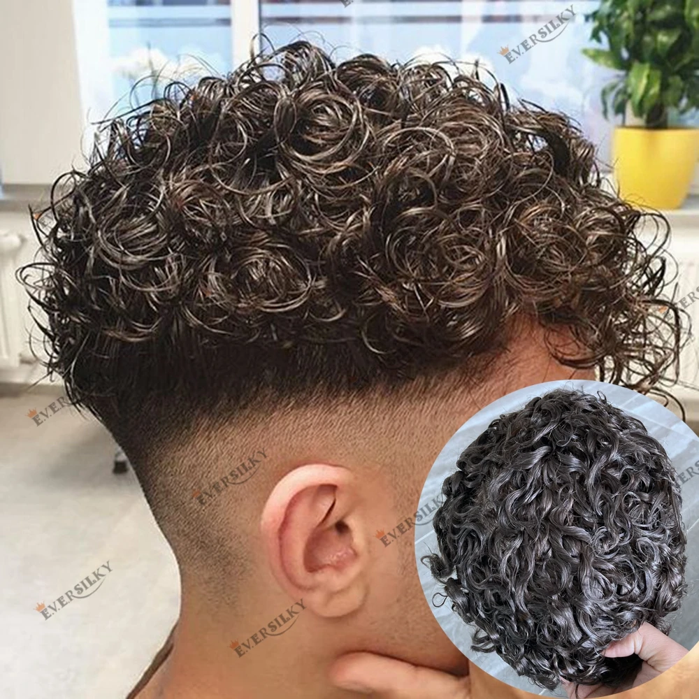 Full Skin Base 20mm Curly Human Hair Men\'s Toupee Durable Prosthesis System Black/Brown Hair Piece 130 Density Natural Frontline