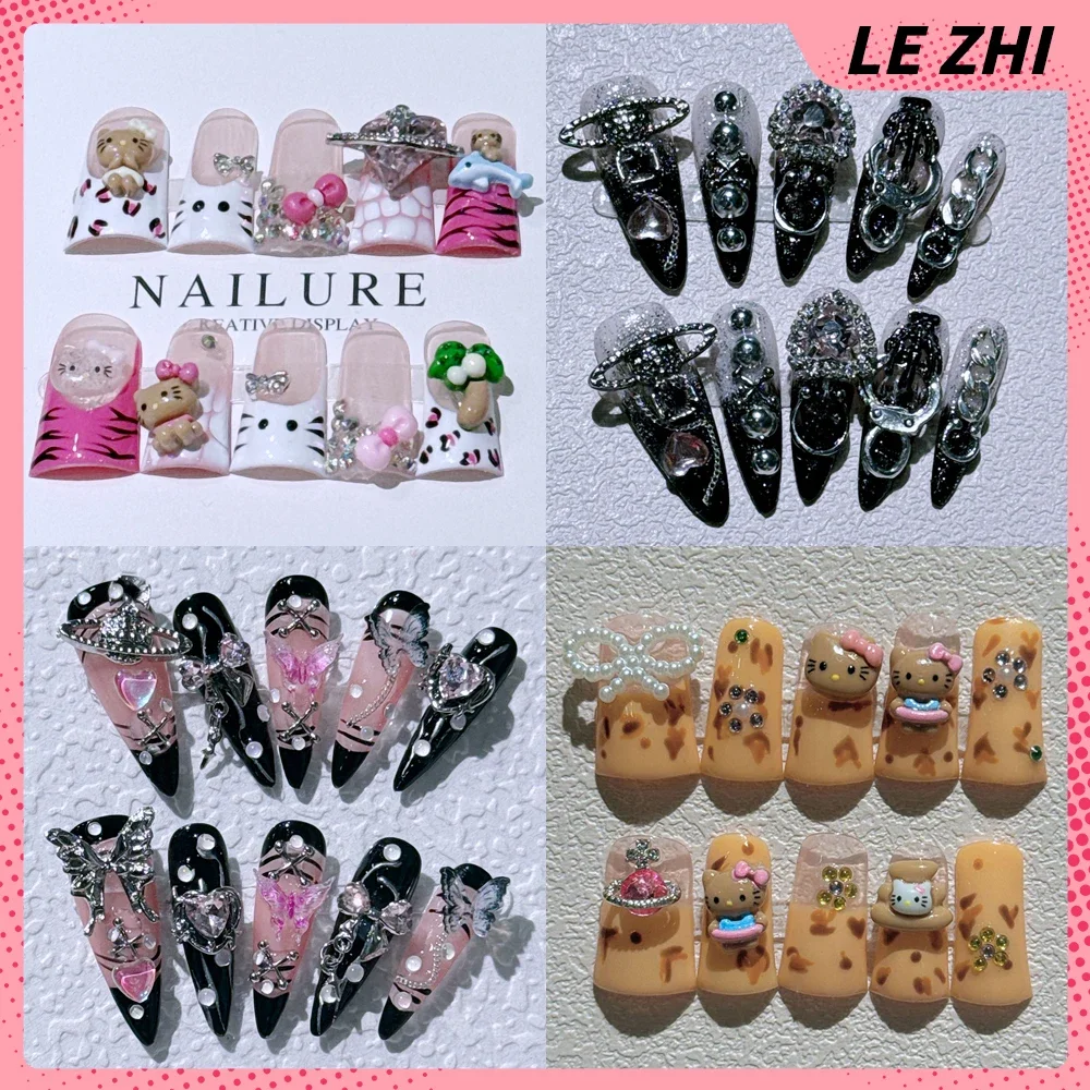 Duck Web Hellokitty Long Almond Gothic Metal Heart Press On Nails Spice Handmade Portable Detachable Manicure Party Stickers