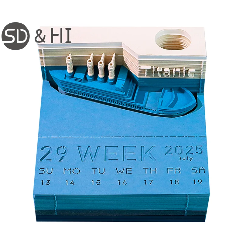 Imagem -02 - Ocean Liner Desk Calendar com Luzes Led Memo Pad Criativo Notas Faça Você Mesmo Notepad Papel de Arte 2025 3d