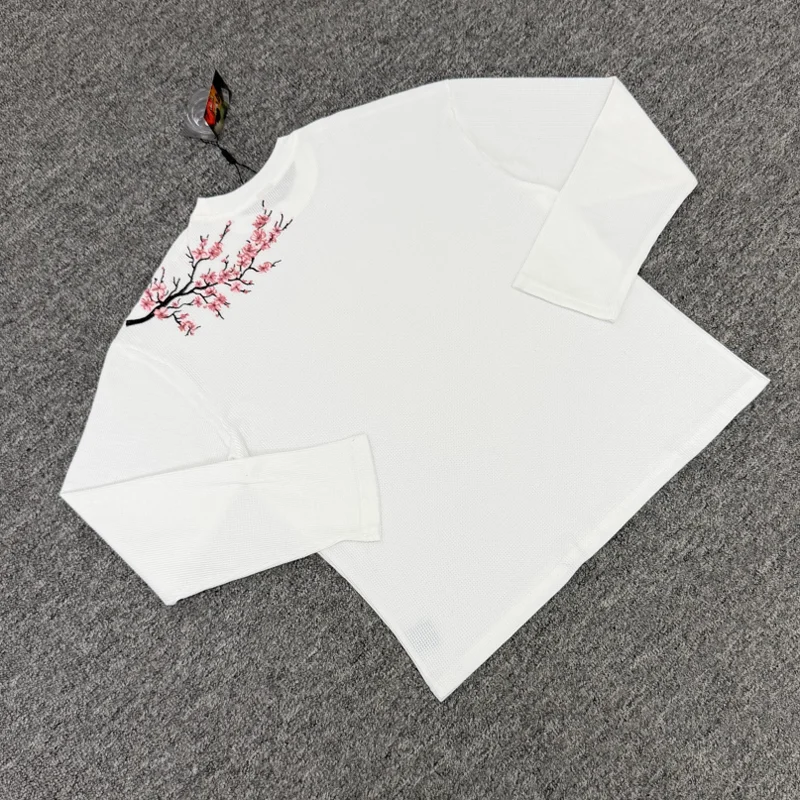 Men Woman Heavyweight Waffle Knit Crew Neck Derschutze Long Sleeve Tops Unique Design Loose Blossom Embroidery T-Shirts