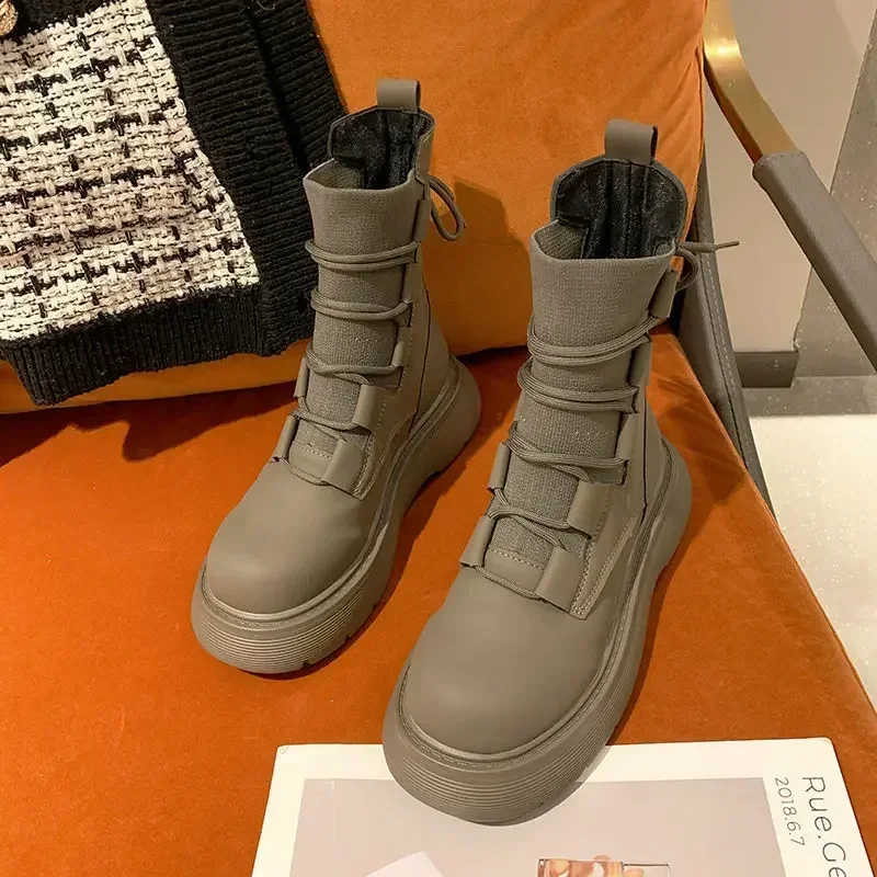 Fashion Ankle Boots Women\'s Autumn Winter Elastic Knitting Short Boots Thick-soled Inner Increase Women\'s Motorcycle Botas