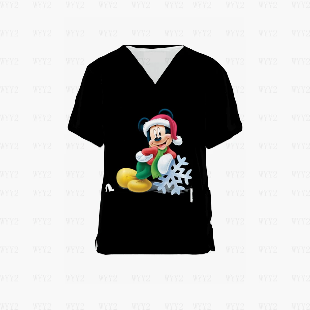 Summer women's 2024 short-sleeved V-neck nurse uniform top Christmas Disney Mickey practical pocket durable doctor work uniform