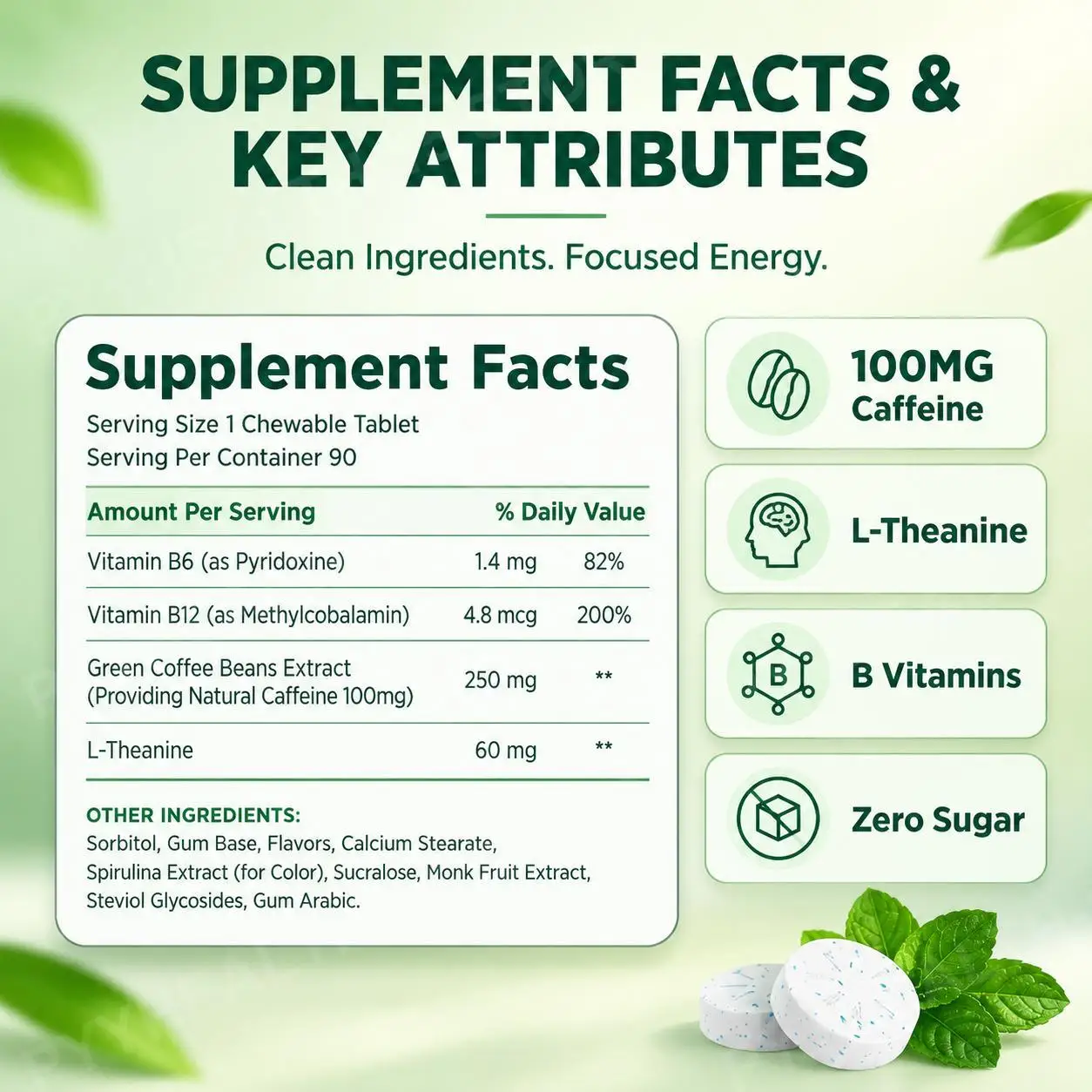 Energy & Focus Gum Extra Chewable Tablets with Natural Caffeine, L-Theanine, Vitamin B6 and B12, Sugar Free, 90 Pieces