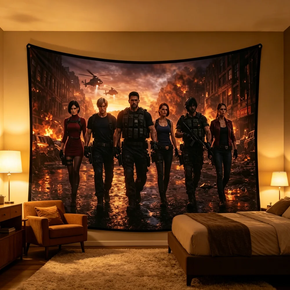 Resident Evil Tapestry Leon Ada Chris Team Wall Hanging Horror Game Poster for Bedroom Living Room Decor