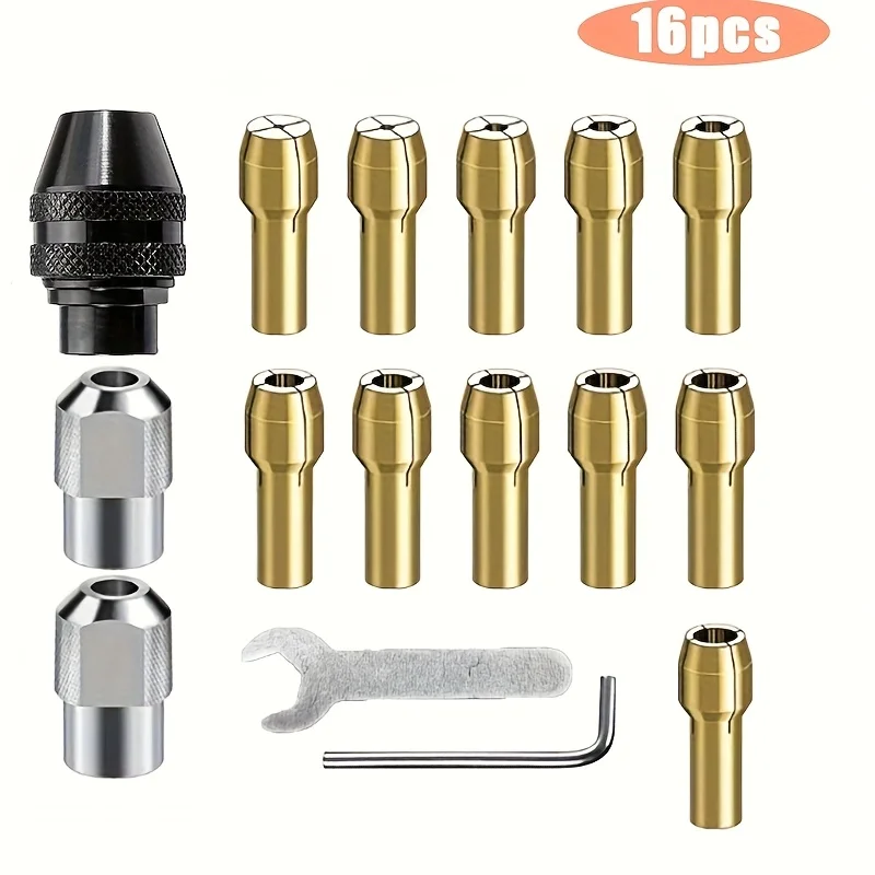 

Keyless Brass Chucks & Metal Nuts 16pcs Premium Rotary Tool Chuck Set - Quick Change Drill Adapter Kit with 0.8-3mm Shank,