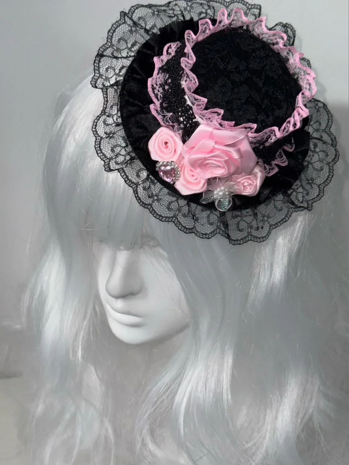 Ribbon Flower Hairclips Black Small Hat with Hairpins Girls Lolita Lace Ruffled Headband Sweet Anime Maid Cosplay Headdress