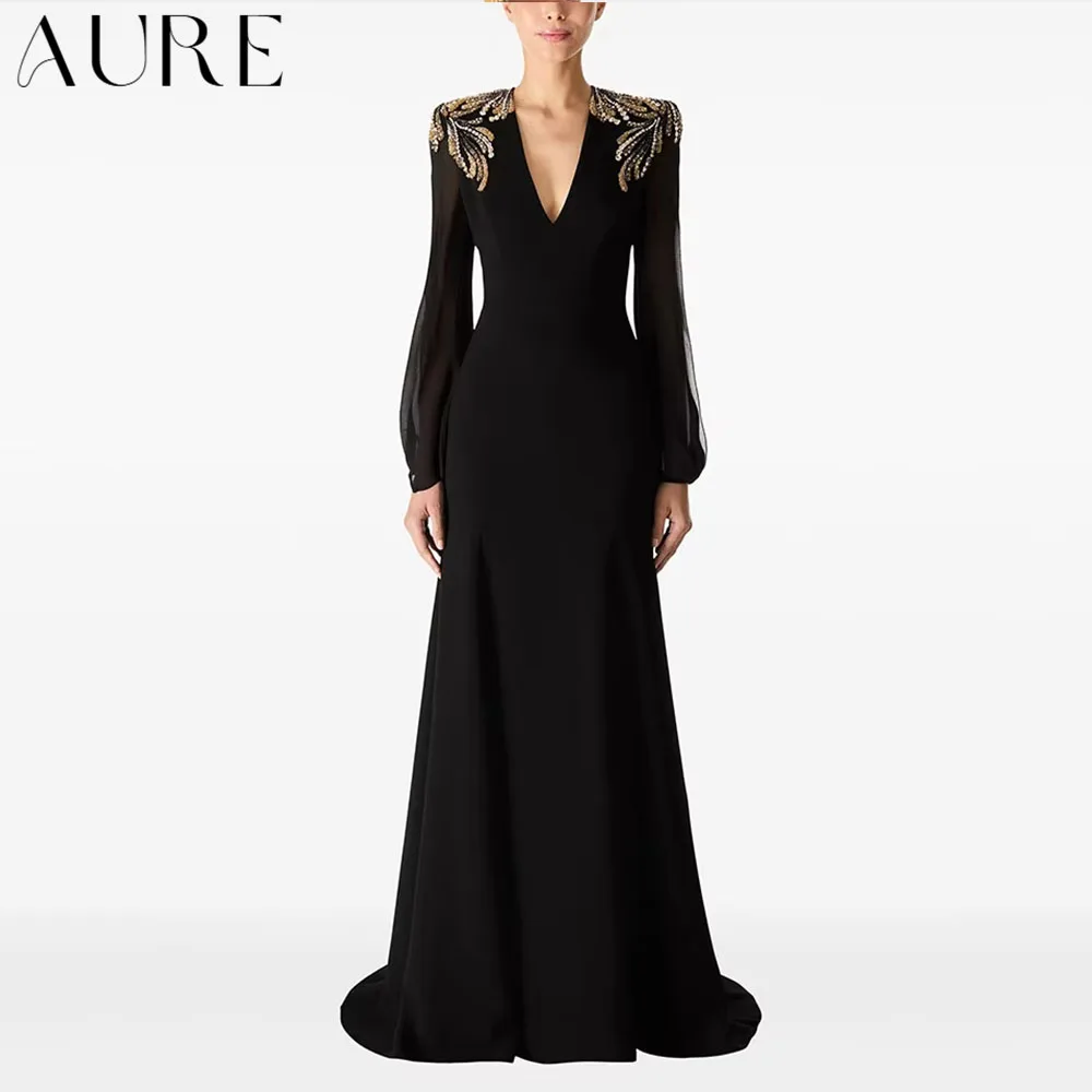 Aure Customized Black Jersey Evening Dress Crystal Long Sleeves Elegant Women's Long Dresses V-Neck Floor Length Evening Gowns