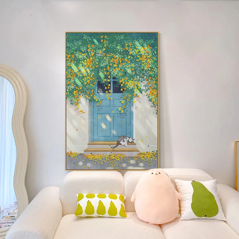 

Japanese Style Healing Cat Canvas Poster Cozy Doorway Street Scene Painting Bedroom Living Room Wall Art Home Decor