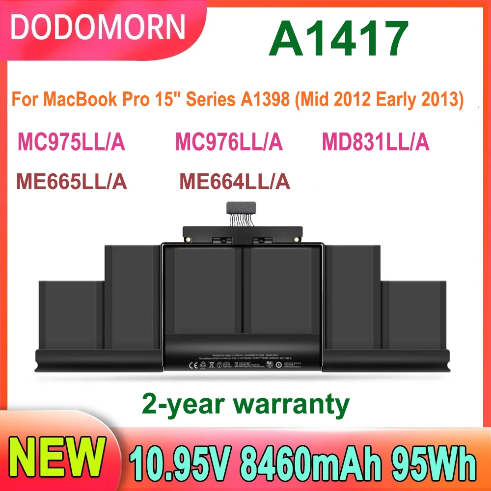 

DODOMORN A1417 Laptop Battery For MacBook Pro 15" Serie A1398 (Mid 2012 Early 2013) MC975LL/A MC976LL/A MD831LL/A ME665LL/A 51Wh