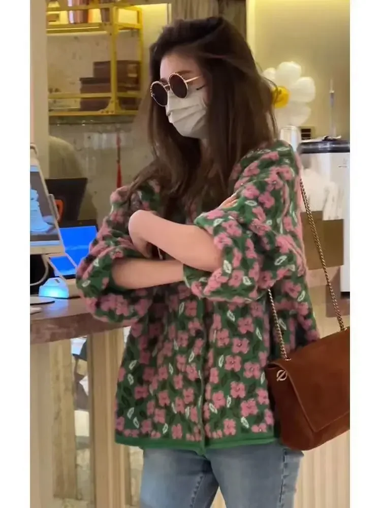 الفرنسية الرجعية كسول سترة جاكار النساء Clothign الخريف/الشتاء جديد واحدة الصدر فضفاضة الحلو سترة مشغولة من الصوف النساء بلايز