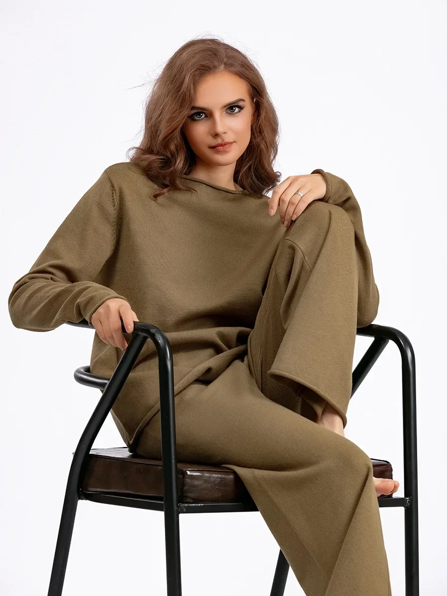

Autumn Winter Knit Sweater Set Women's Tracksuit Solid Color Sweater and Elastic Trousers Suits Knitted Two Piece Set Outfits