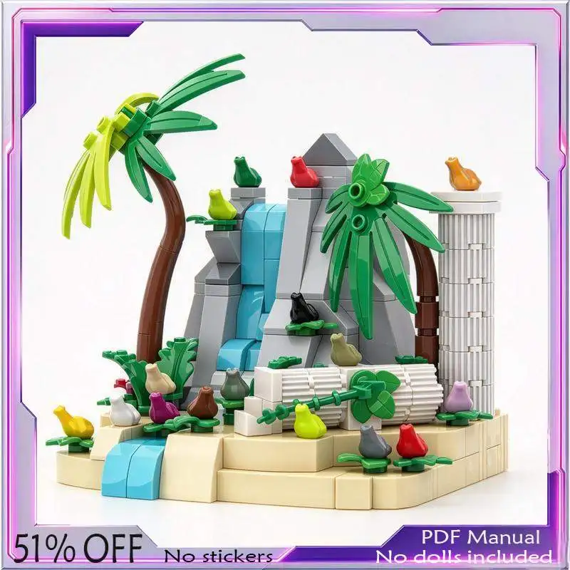 276PCS Wild Frog Sanctuary Waterfall Palm Tree Rock Scene Diorama Model Custom Building Blocks DIY Assembly Toy Gift For Boys