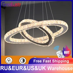 Modern Crystal Chandelier Lamp Chrome Led Living Room Dimming Pendant Light Bedroom Adjustable Hanging Lamps With Remote Control