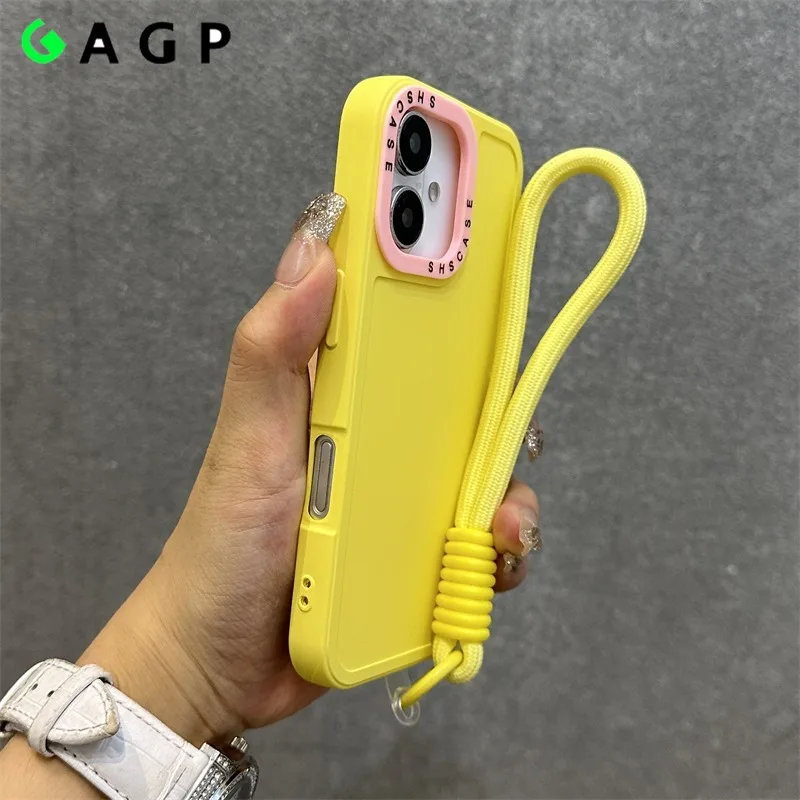 Luxury Collision Color Lanyard Case for iPhone 16 15 Pro Max 14 13 12 11 XR XS Max 16 Plus Hand Wrist Strap Matte Soft Cover