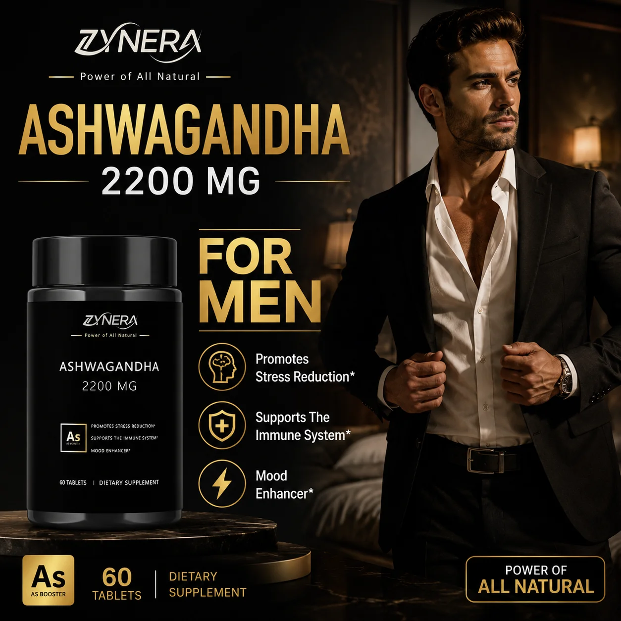 Ashwagandha 2200 MG 60 Tablets Male Daily Support Energy Stamina Mood Stress Dietary Supplement