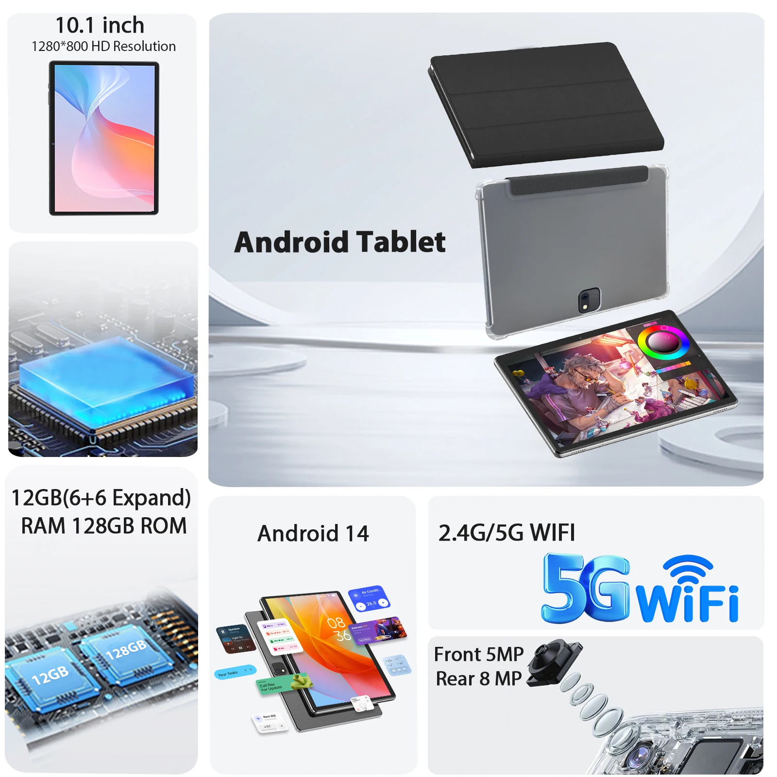 Tablette Android 14 Relndoo, 12 Go (6 Go + 6 Go élargi) RAM + 128 Go de ROM, écran IPS 10,1 pouces 1280 * 800, type C, WiFi, avec étui en cuir