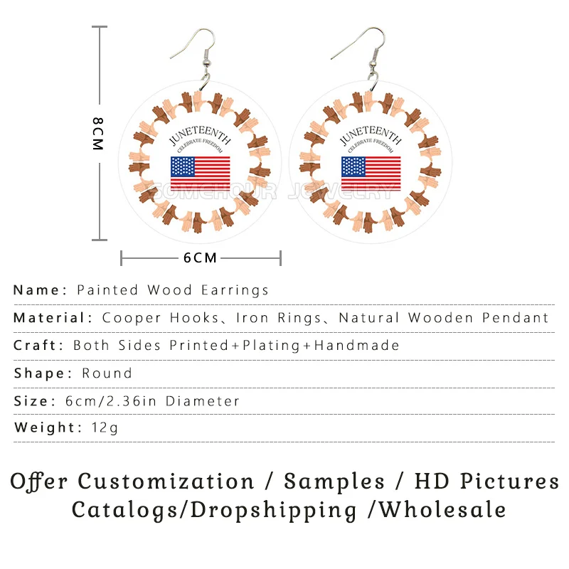 SOMEHOUR Celebrate Black Juneteenth Tradtion Wooden Drop Earrings Freedom Day's Sayings Printed Loops Pendant Dangle For Women