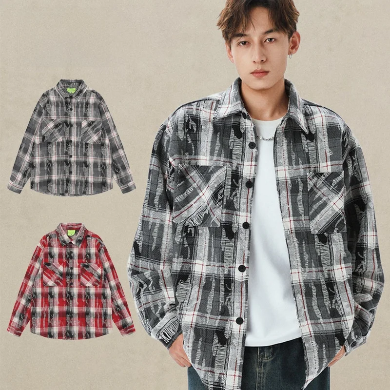 

Мужская зимняя клетчатая куртка с эффектом потертости в американском стиле хип-хоп, с длинными рукавами, из немнущейся нетканой ткани