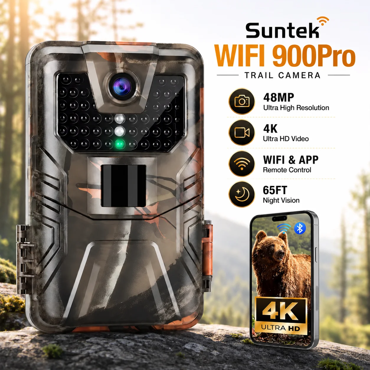 4K 48MP WiFi Trail Camera Bluetooth Game Night Vision 0.3s Trigger Motion Activated IP66 Waterproof  Wide Angle Hunting Wildlife