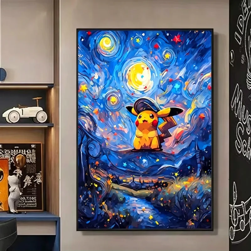 Pokemon Pikachu Canvas Wall Art, Van Gogh Museum Watercolor Style Poster, HD Anime Print Picture for Living Room Decor and Gifts