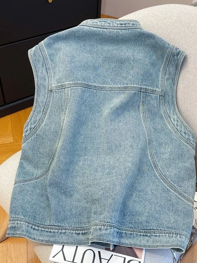 Fashionable Stand Collar Denim Vest Women's Style Summer Autumn Versatile Trendy Layering Small Size Match All Cotton Linen