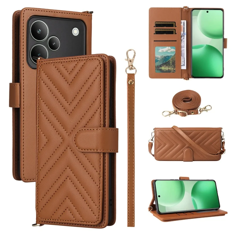 

Кожаный чехол для телефона Realme P4 Pro 5G с длинным ремешком и слотом для карт, защитный чехол для Realme P4 Pro 5G