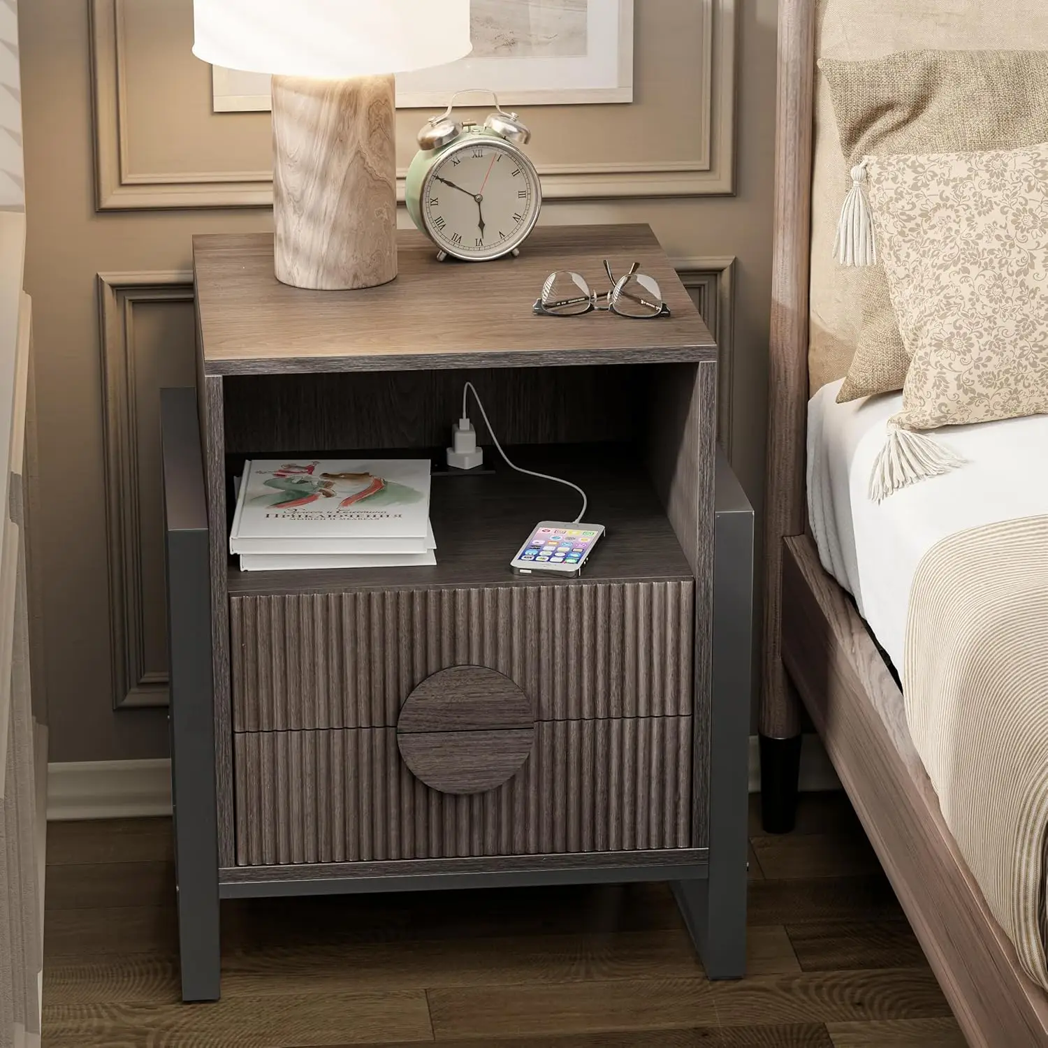 

Nightstand with Charging Station, Farmhouse 2-Drawer Nightstand with Textured Drawer Fronts and USB Charging Ports, Grey Wash