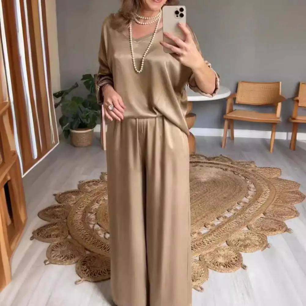 Two-piece Suit Stylish Women's Summer Set V Neck Top Wide Leg Trousers Sport Outfit with High Elastic Waist 2 Pcs/set Lady