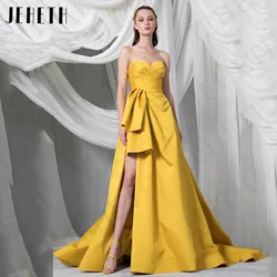 JEHETH Simple Satin Strapless Evening Dresses Woman Elegant Split Sweetheart Neck Formal Party Dress vestido de noche Yellow