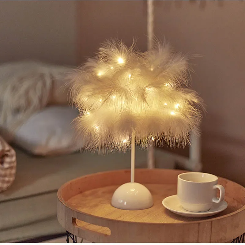 

LED Table Lamp Bedroom Decorative Light Romantic Birthday Light Feather Lamps Dining Table Night Lights (Without Battery)