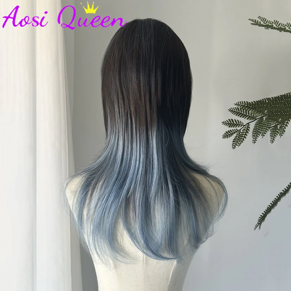 Black Blue Highlighted Long Straight Synthetic Wigs For Women Middle-parted Wolf Tail Layered Wig Suitable For Daily Role Playin
