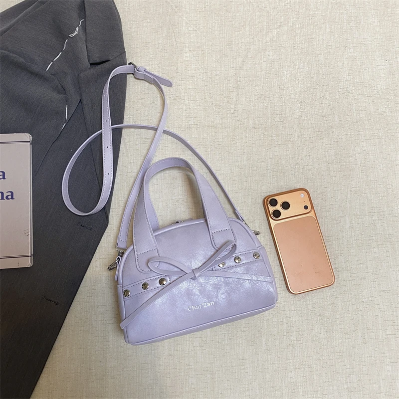 New Trendy Y2K Lavender Cute Handbag for Women Work Small Boston Crossbody Purse Korean Purple Female Girls Shoulder Bag