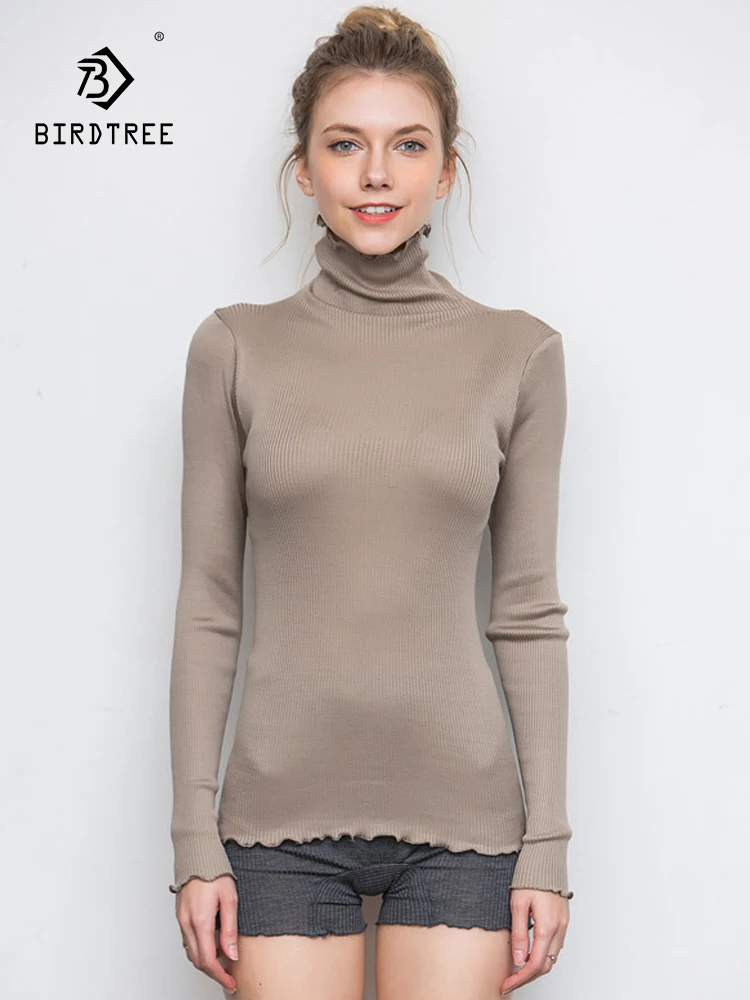 

Birdtree 70%Silk 30%Cotton Women Pullovers Solid Turtleneck Slim Rib Sweaters 2023 Autumn Winter Bottoming Knit wear T36075QC