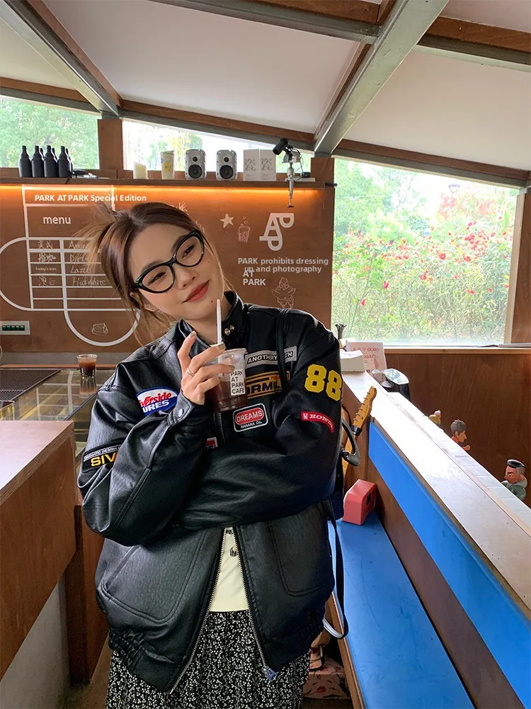 Bla PU Leather Biker Jaet Women's Design Sensation Small Cotton Winter Coat ort Size Ladies Faion Outerwear