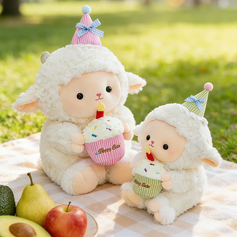 

Cute Birthday Cake Sheep Plush Toy Soft Fluffy Lamb Stuffed Animal Pillow Kawaii Cartoon Doll for Kids Birthday Gift Home Decor