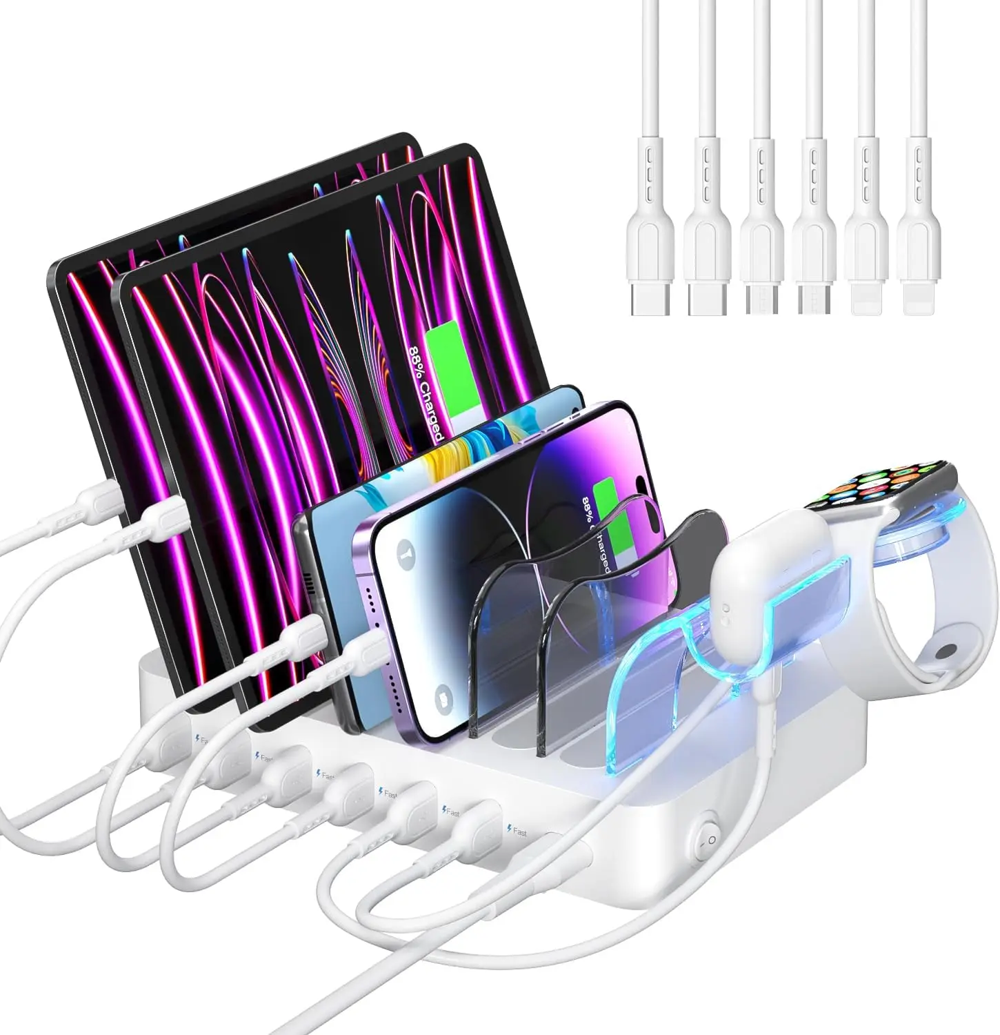 

6-Port USB Charging Station with 6 Cables & i-Watch Holder, White