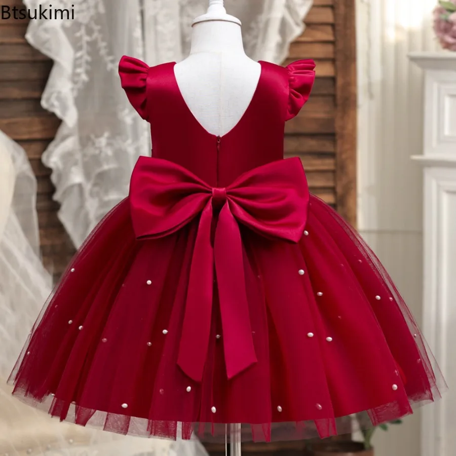 New Fashionable Western Formal  Elegant Princess Wedding Dress Children's Pearl Chiffon Dress Backless Bow Beading Xmas Costume
