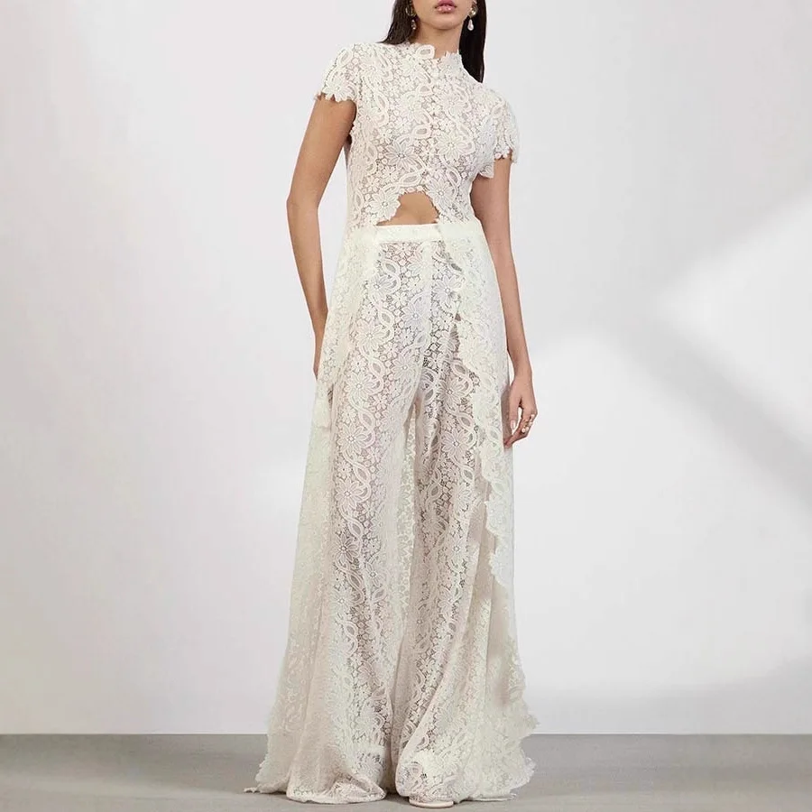 

Women Elegant White Lace Pant Sets Chic Short Sleeve Hollow Out Split Long Top+Casual Pant Suit Summer Party Evening Ladies Suit