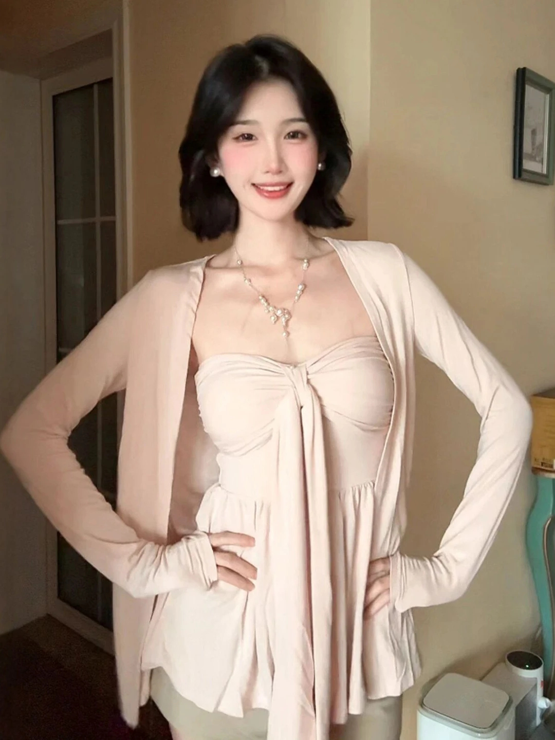 

Мягкий вязаный кардиган и топ-бандо, комплект из двух предметов, омолаживающий, зимний, повседневный, удобный, с длинным рукавом, круглый вырез