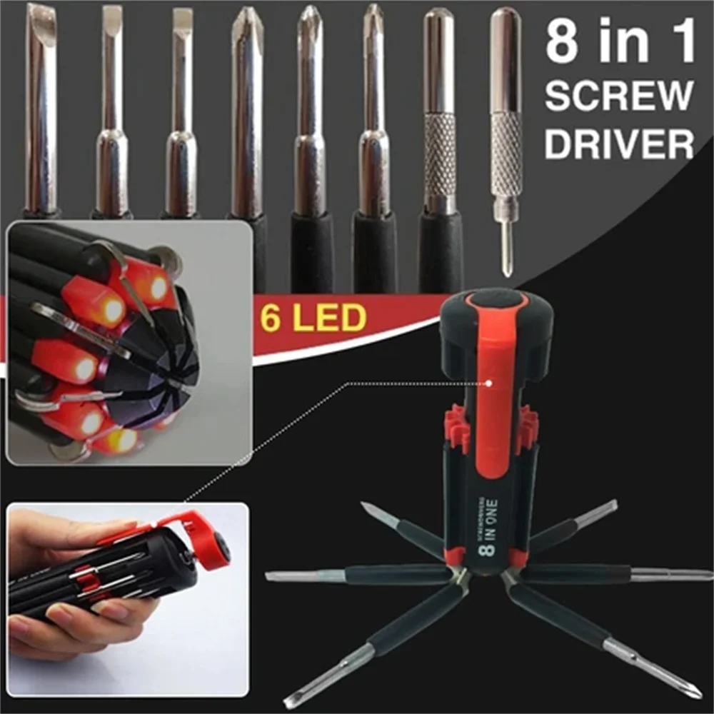 8 In 1 Slotted Phillips Screwdriver With LED Light Pocket Screwdriver Kit Multi-function Precision Mobile Phone Repair Hand Tool