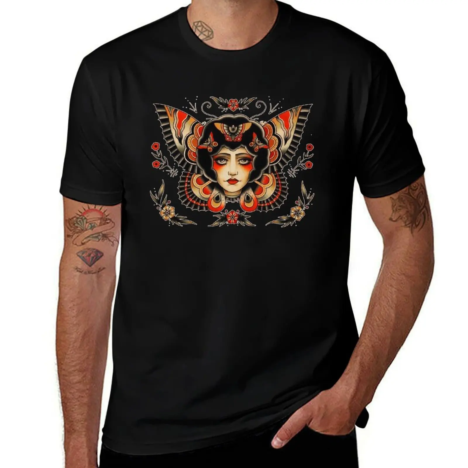 

Traditional Butterfly Gypsy lady and Flowers Tattoo T-Shirt man t shirt summer man t shirts graphic T-Shirt