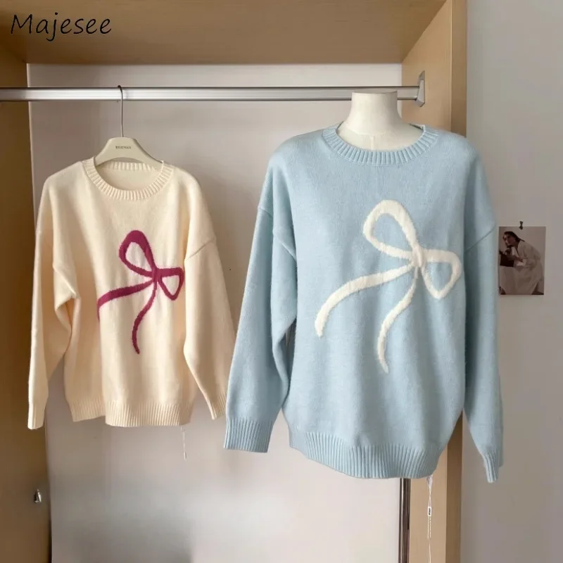 

Pullovers Women Ins Bow Printed Korean Fashion Loose Fit Vintage Soft Knitted Autumn Winter Sweet Lovely Girls Cozy Sweaters